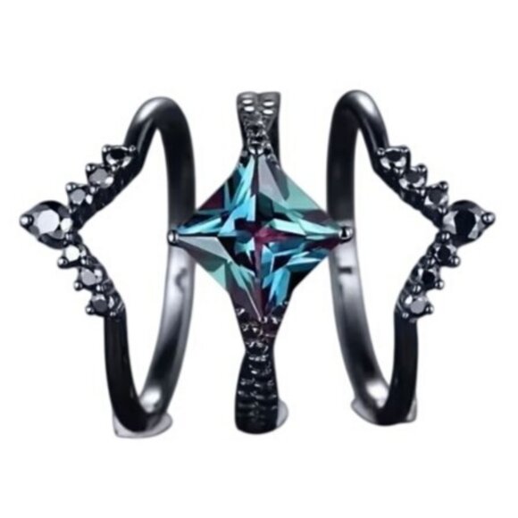 Princess Cut Alexandrite Engagement Wedding Ring Set with Moissanite in Rhodium - Picture 4 of 7